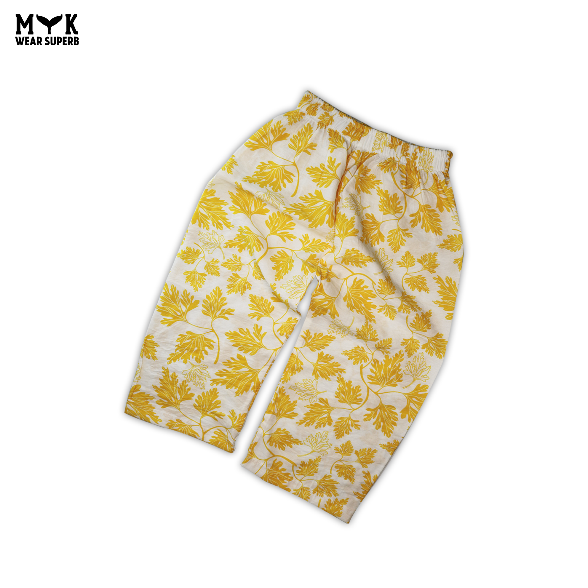 Cozy Cotton Leaf Print Suit – White & Yellow