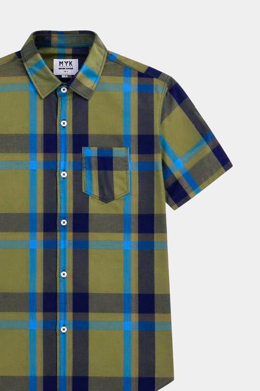 Boys' Stylish Plaid Short-Sleeve Shirt – Olive Green & Blue - MYK_Fatimas