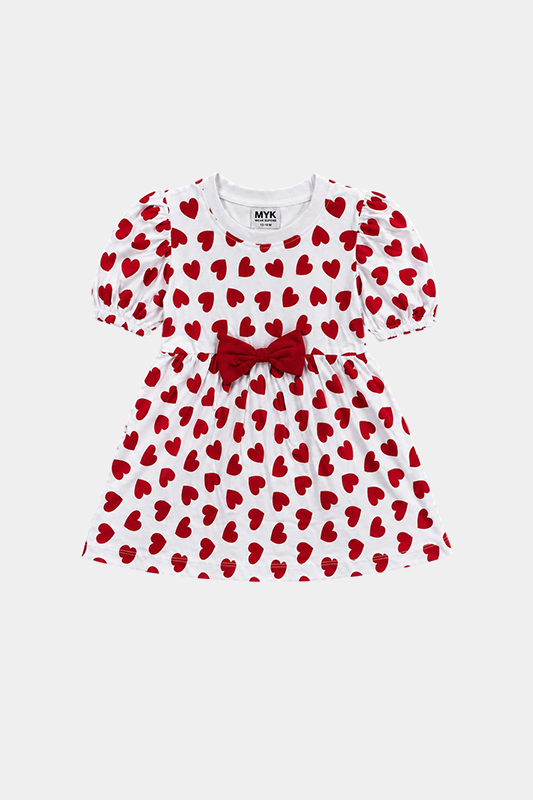 Baby Girl Heart Print Dress with Bow & Frill Pants - MYK_Fatimas