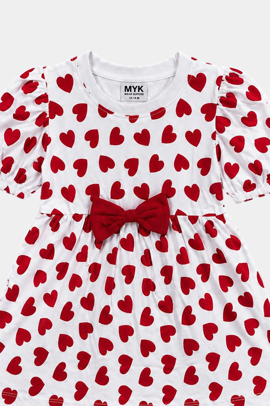 Baby Girl Heart Print Dress with Bow & Frill Pants - MYK_Fatimas