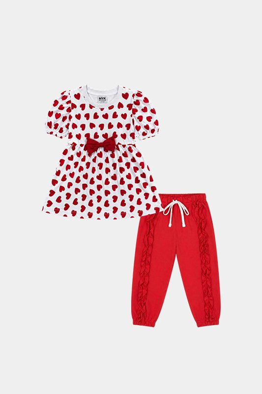 Baby Girl Heart Print Dress with Bow & Frill Pants - MYK_Fatimas