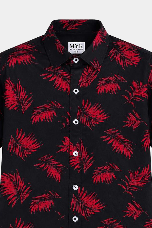 Boys Black & Red Tropical Leaf Linen Co-ord Set - MYK_Fatimas