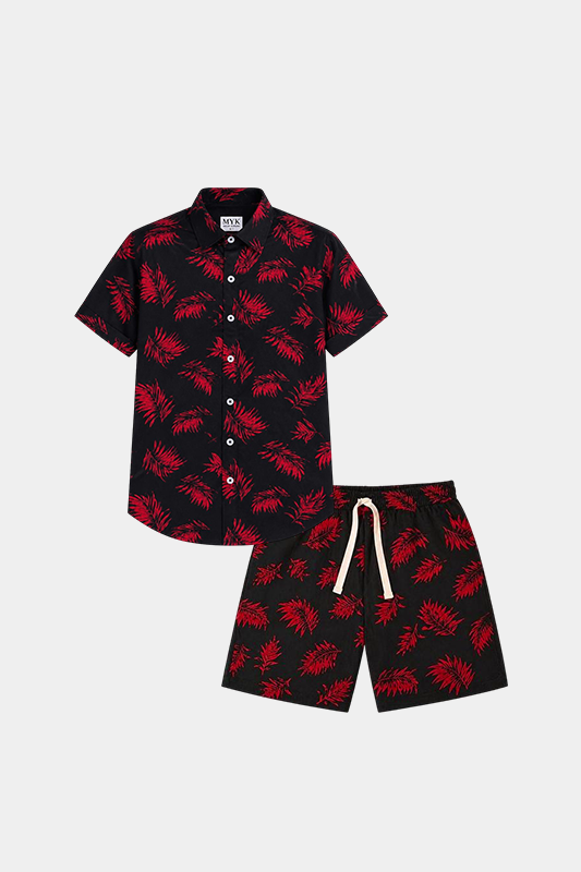 Boys Black & Red Tropical Leaf Linen Co-ord Set - MYK_Fatimas