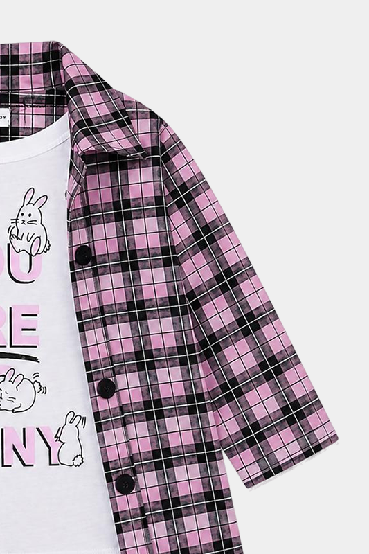 Girls 3 Pcs Bunny Printed Checkered Summer Co-Ord Set – Pink & Black - MYK_Fatimas