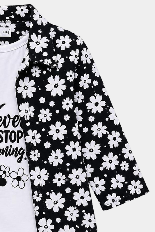Girls Black & White Floral 3 Piece Summer Co-Ord Set - MYK_Fatimas