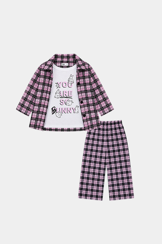 Girls 3 Pcs Bunny Printed Checkered Summer Co-Ord Set – Pink & Black - MYK_Fatimas