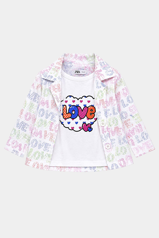 Girls 3 Pcs Love Print Summer Co-Ord Set – White Multi - MYK_Fatimas