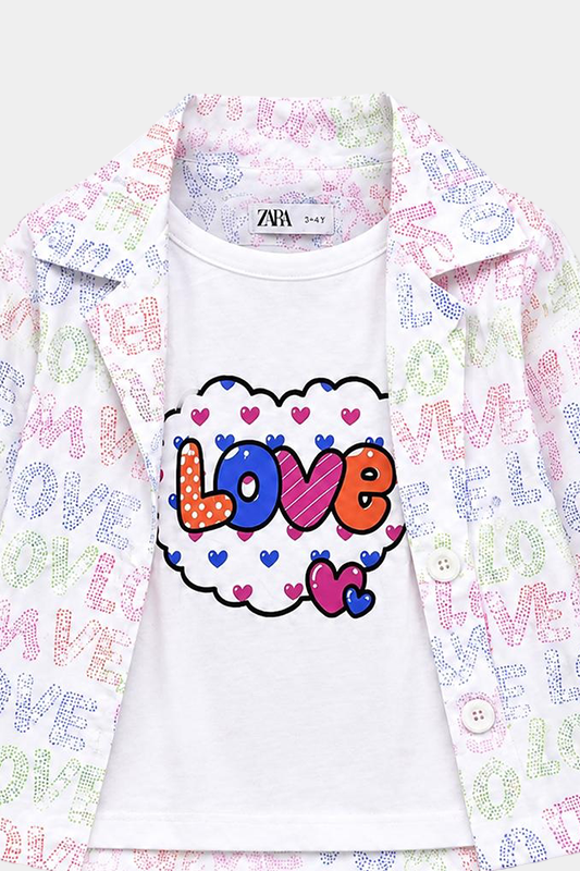 Girls 3 Pcs Love Print Summer Co-Ord Set – White Multi - MYK_Fatimas