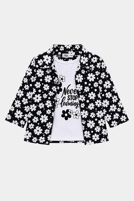 Girls Black & White Floral 3 Piece Summer Co-Ord Set - MYK_Fatimas
