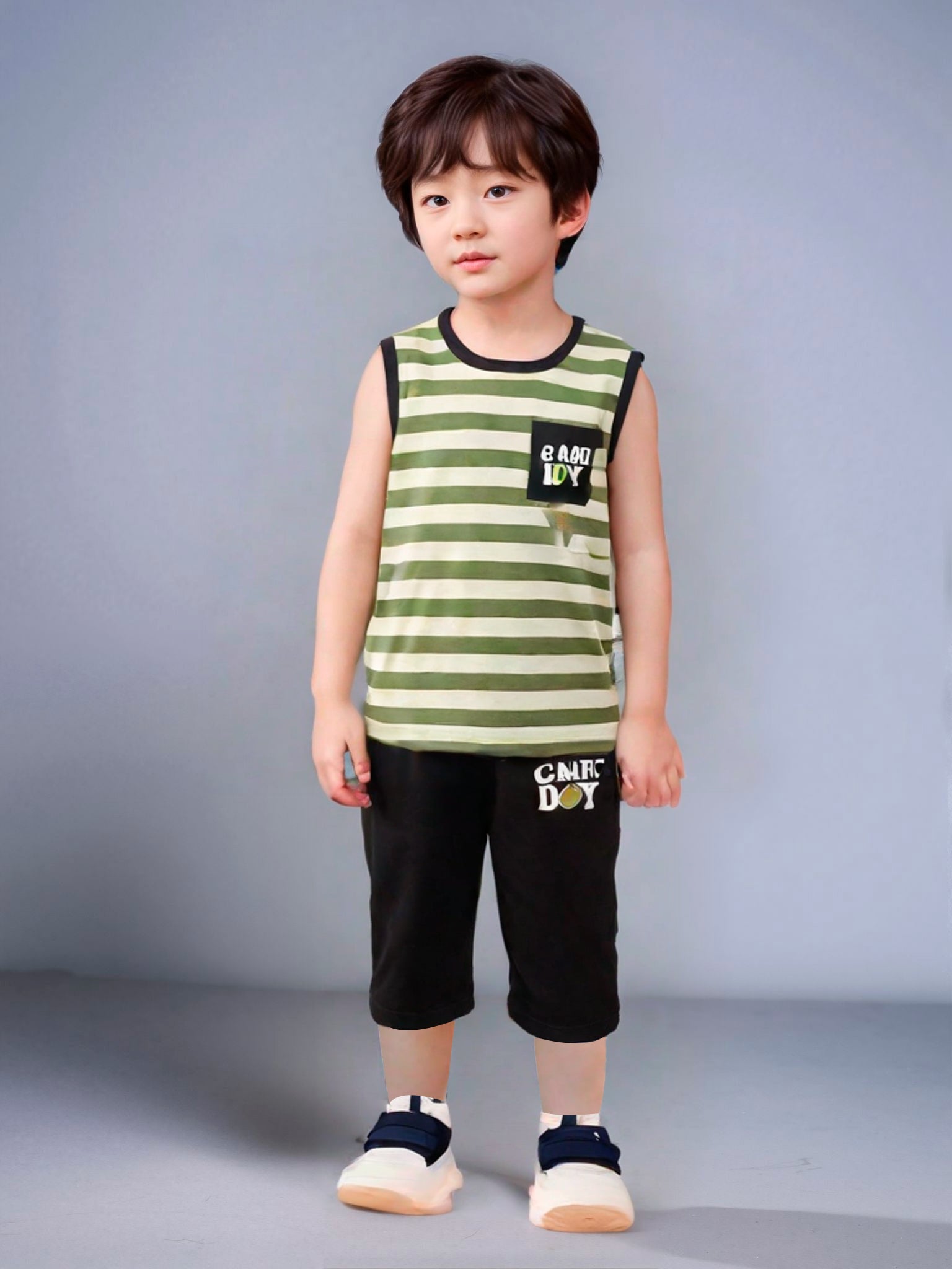 Kids’ Sleeveless “Game Day” Summer Tank Top & Shorts Set – Olive Green & Black