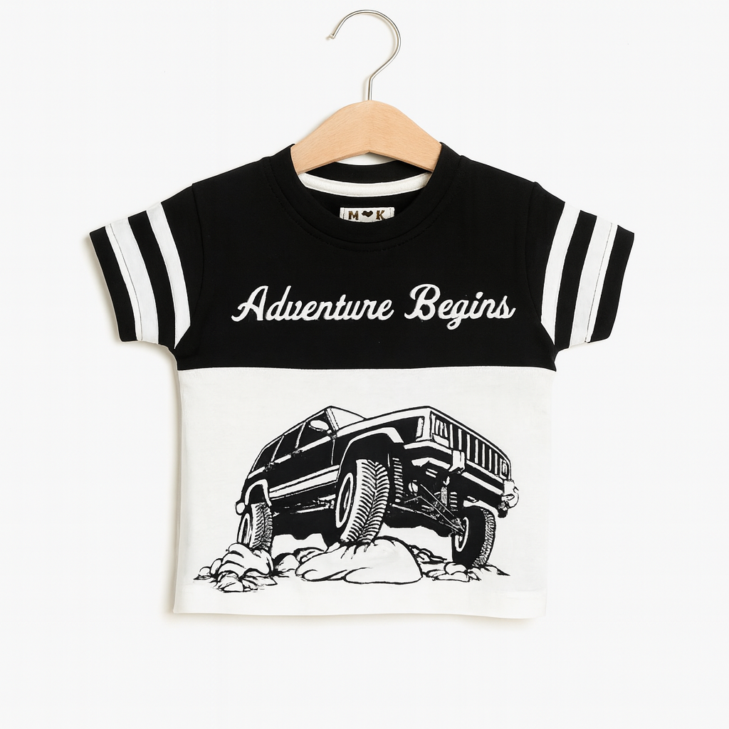 Adventure Begins Boys Summer Set – Monochrome Jeep Graphic Outfit