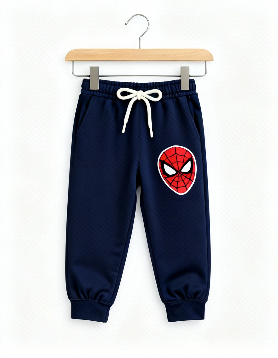 Spider-Man Kids 3-Piece Set joggers featuring Spider-Man face patch in navy with white drawstring.