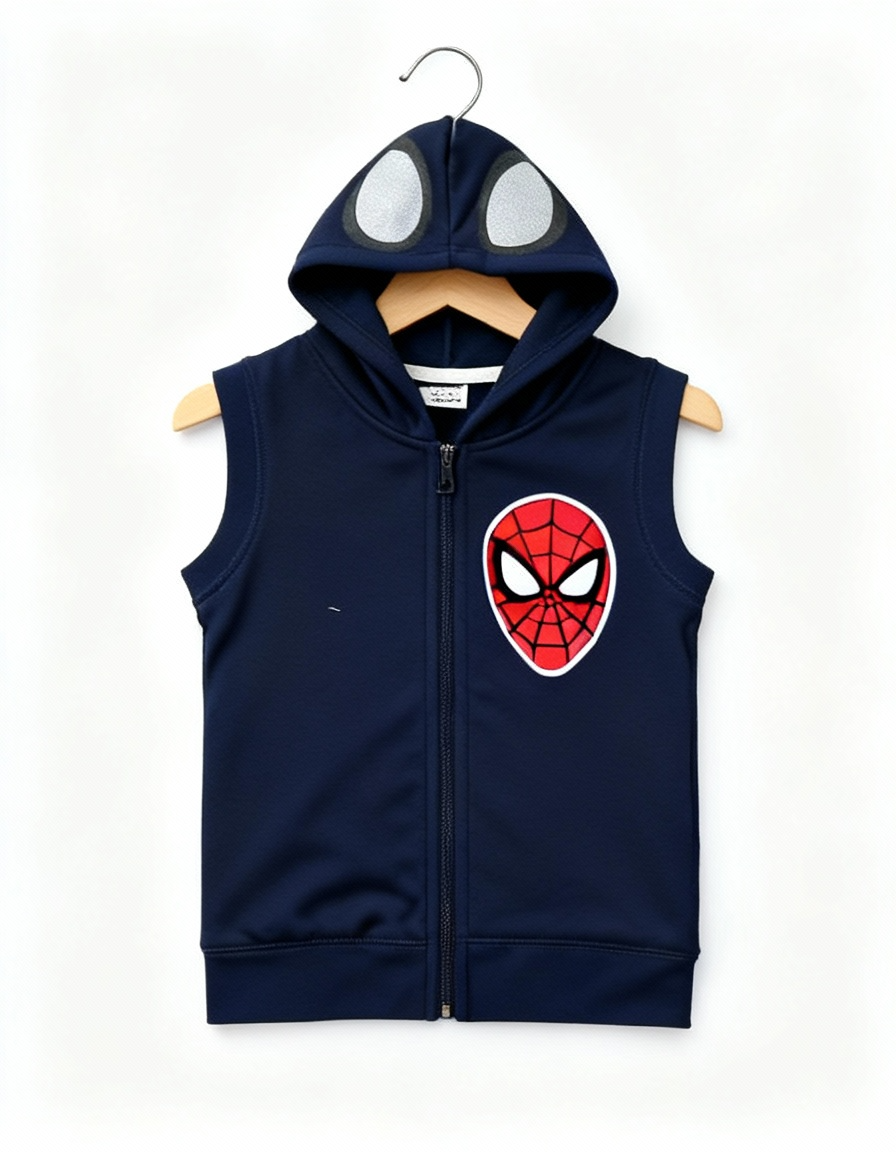 Spider-Man Kids 3-Piece Set sleeveless zip-up hoodie featuring Spider-Man face design, in navy color.
