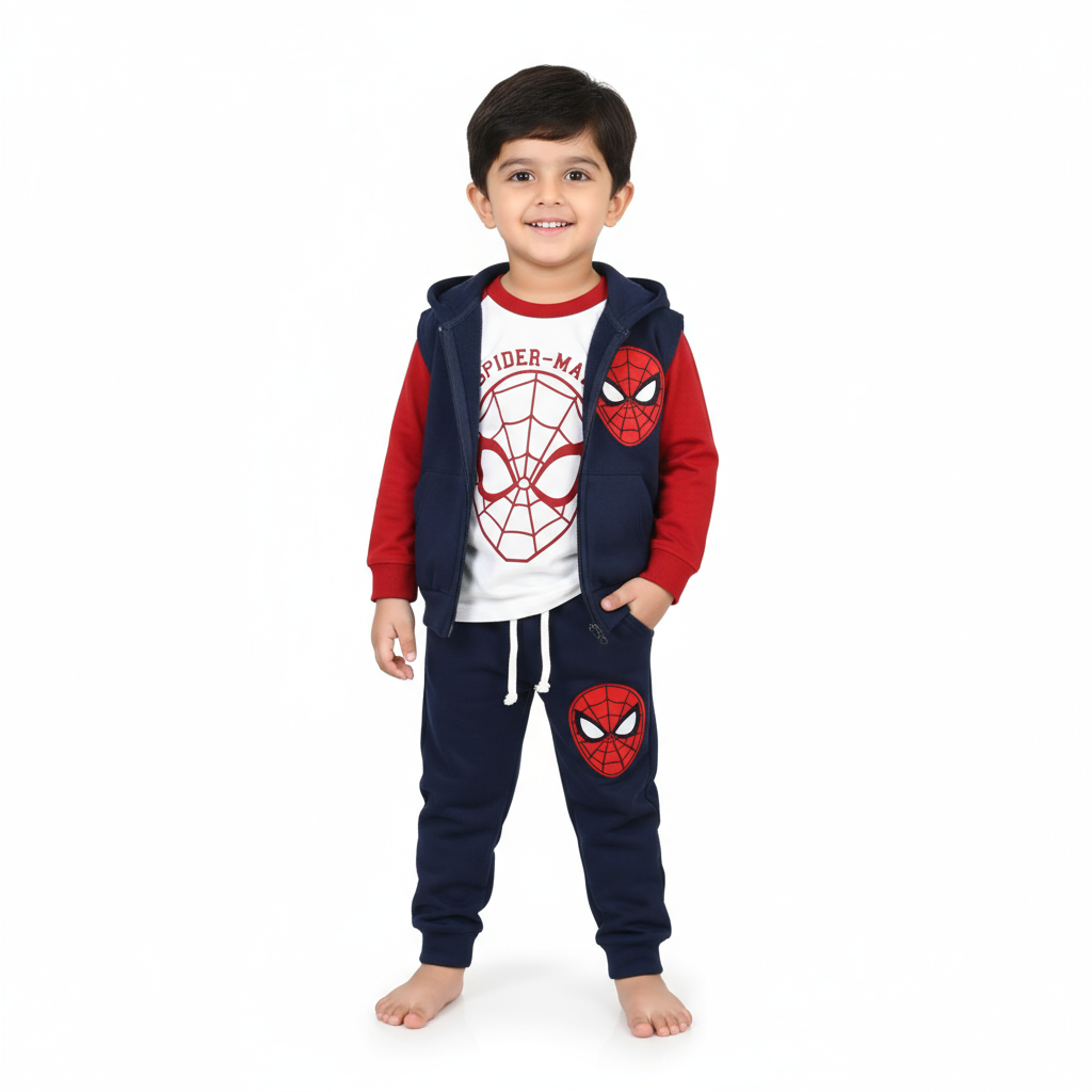 Spider-Man Kids 3-Piece Set featuring a boy in a red and navy outfit with Spider-Man graphics.