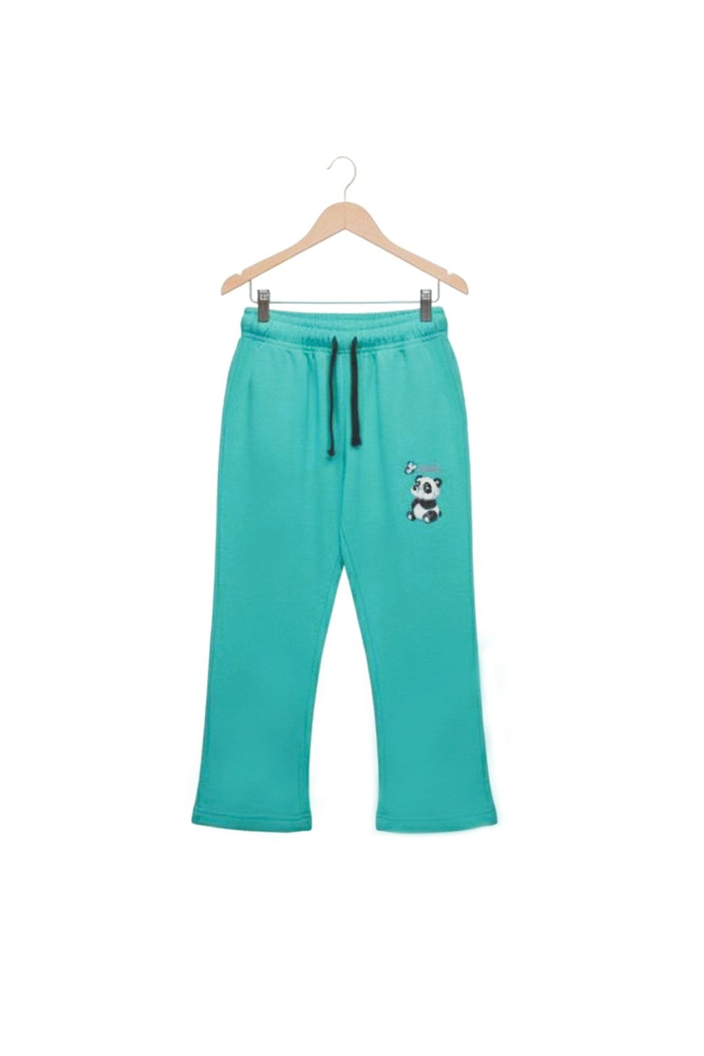 Cozy Panda Graphic Girls' Aqua Teal French Terry Knit Trousers