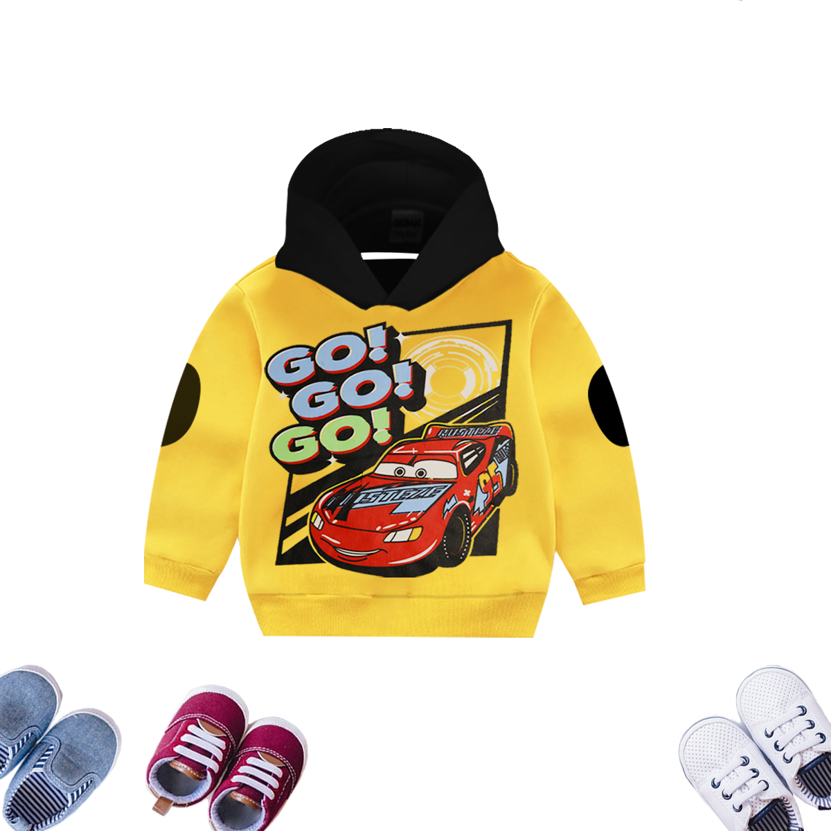 Go Go Go Car Printed Yellow Hoodie & Black Trouser With Dori Outfit Premium Quality Set