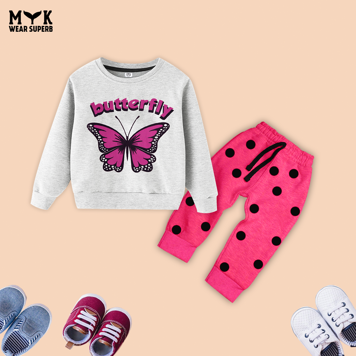 Baby Girls Pink & Grey Butterfly Print Sweatshirt With Polka Dot Trouser 2 Piece premium Quality Set