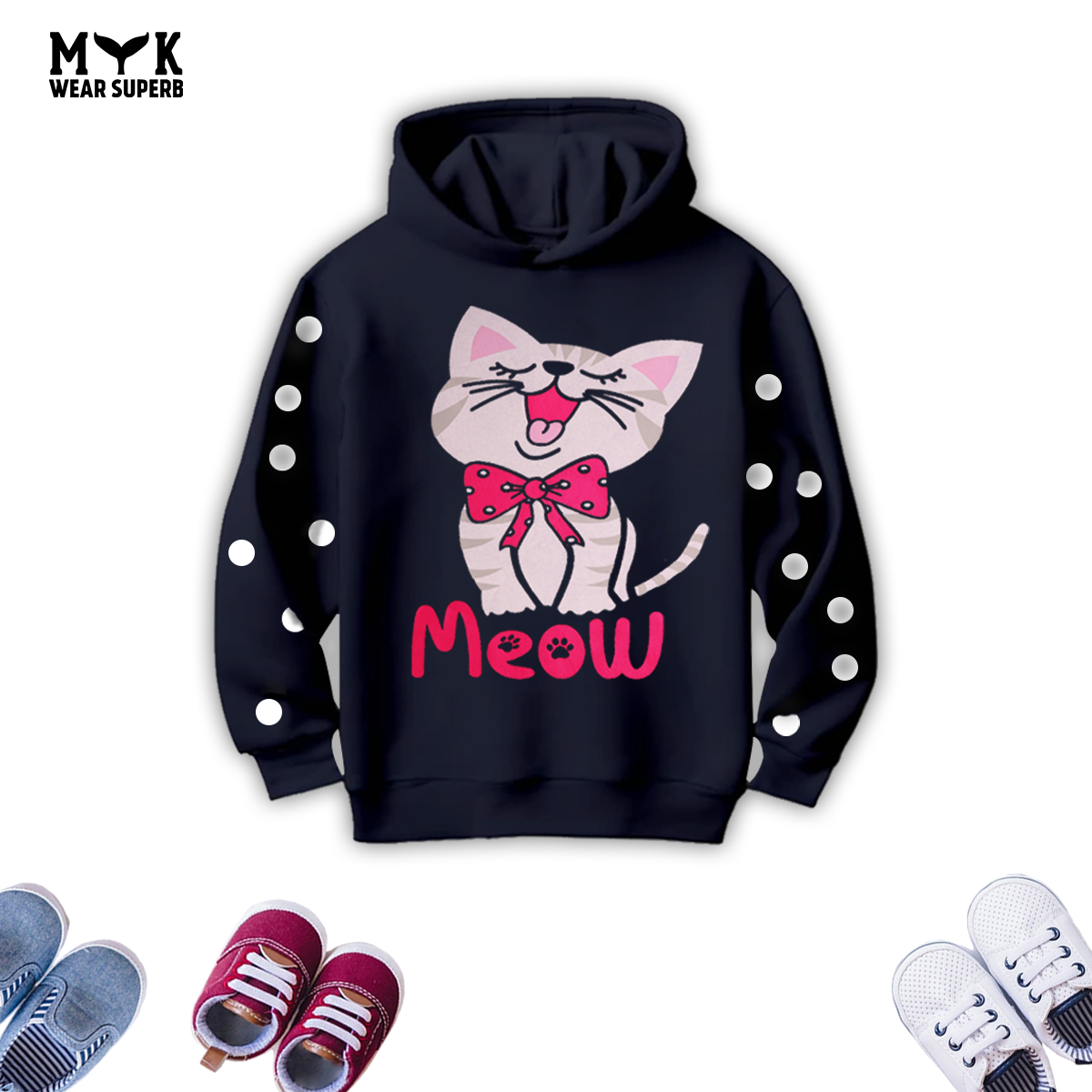 Baby Girls Meow Fleece Navy Blue Hoodie With Pink Frill Trouser 2 Piece premium Quality Set
