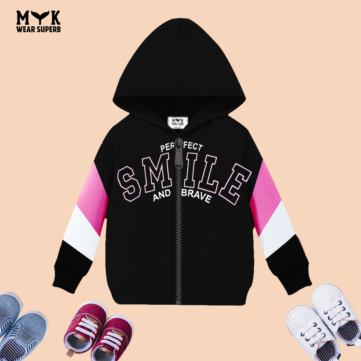Baby Girl Prefect Smile Pink ,White & Black Zipper Hoodie With Pannel Trouser And Dori Premium Quality Set