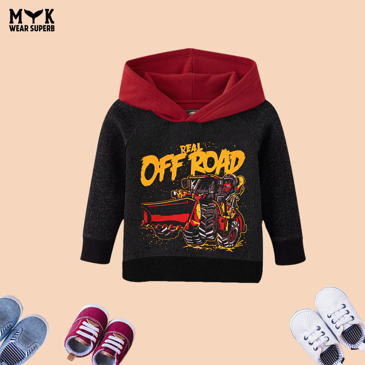 Off Road Charcoal Hoodie with Red Slogan Graphic Patch Colorblock trouser 2 Piece Imported Set
