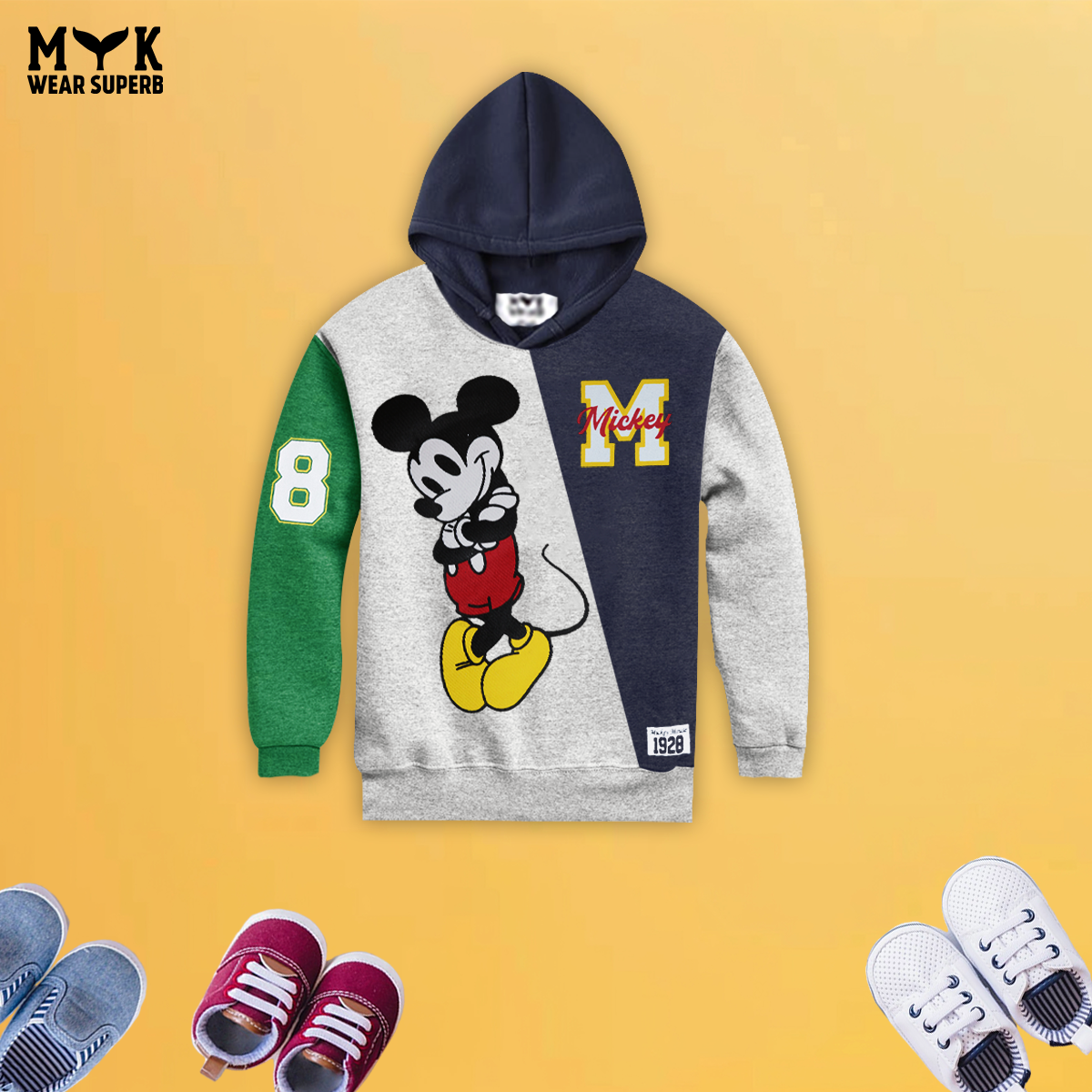Kids Blue, Grey & green Micky Mouse Fleece Hoodie With Pocket Trouser Outfits Set Imported