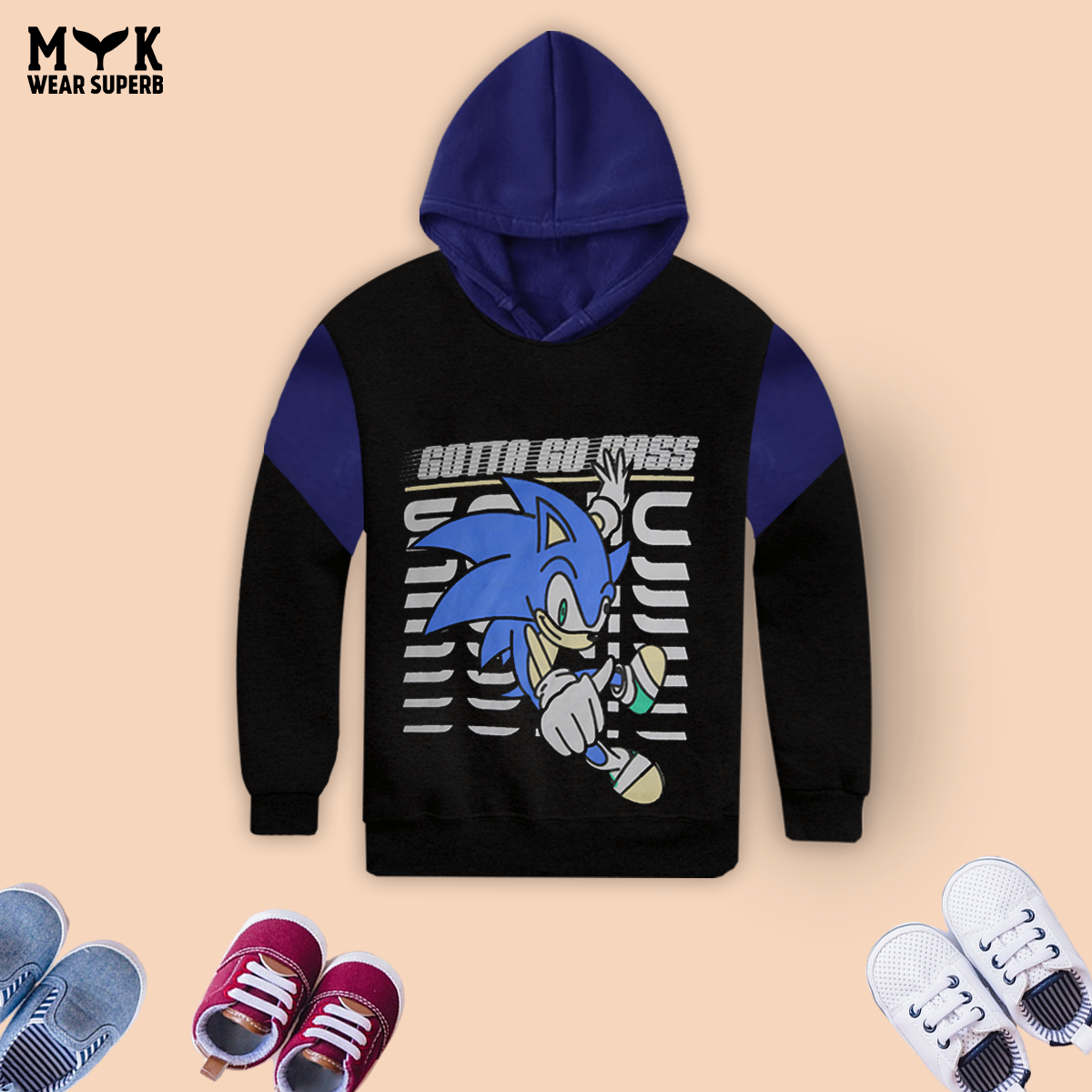 Kids Sonic Blue & Black Fleece Hoodie With Pocket Trouser Premium Quality Set