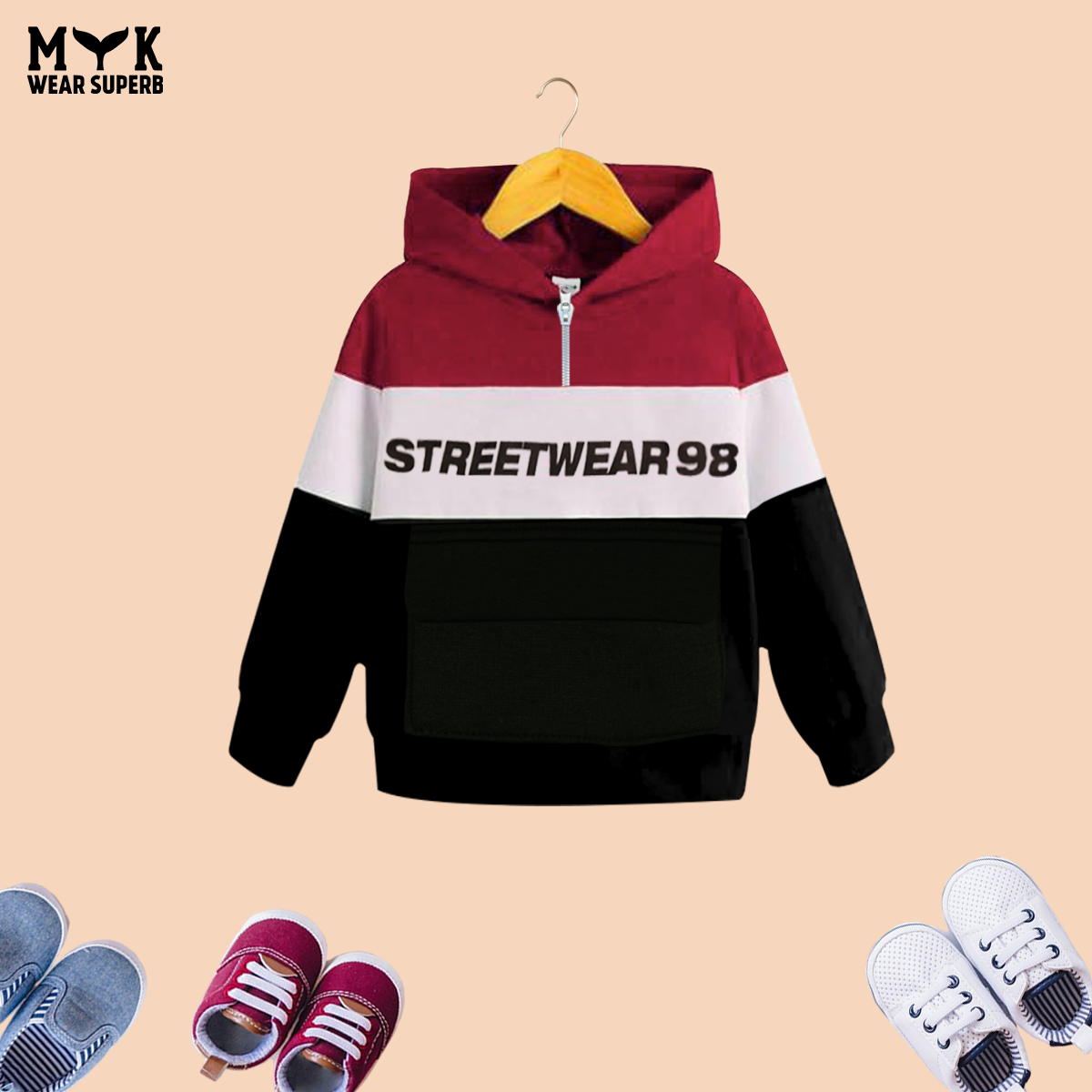 Kids Streetwear 98 Quarter Zipper & Pocket Hoodie With Panel Trouser 2pcs Outfits Set Imported