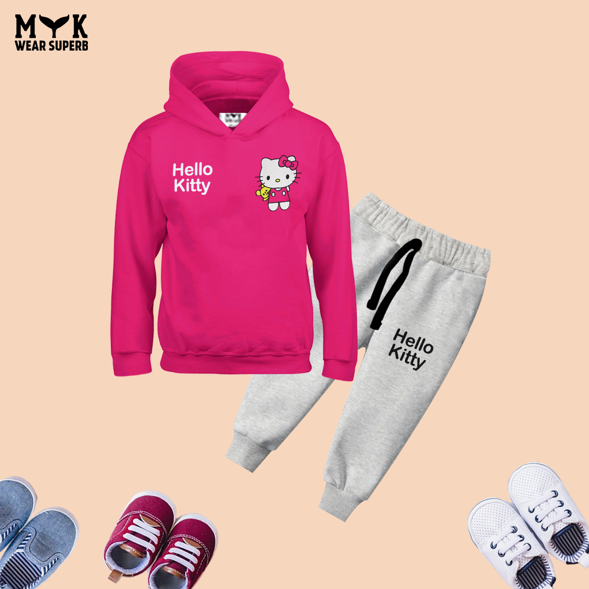 Hello Kitty Pink Hoodie With Grey Pocket Trouser 2pcs Premium Quality Set