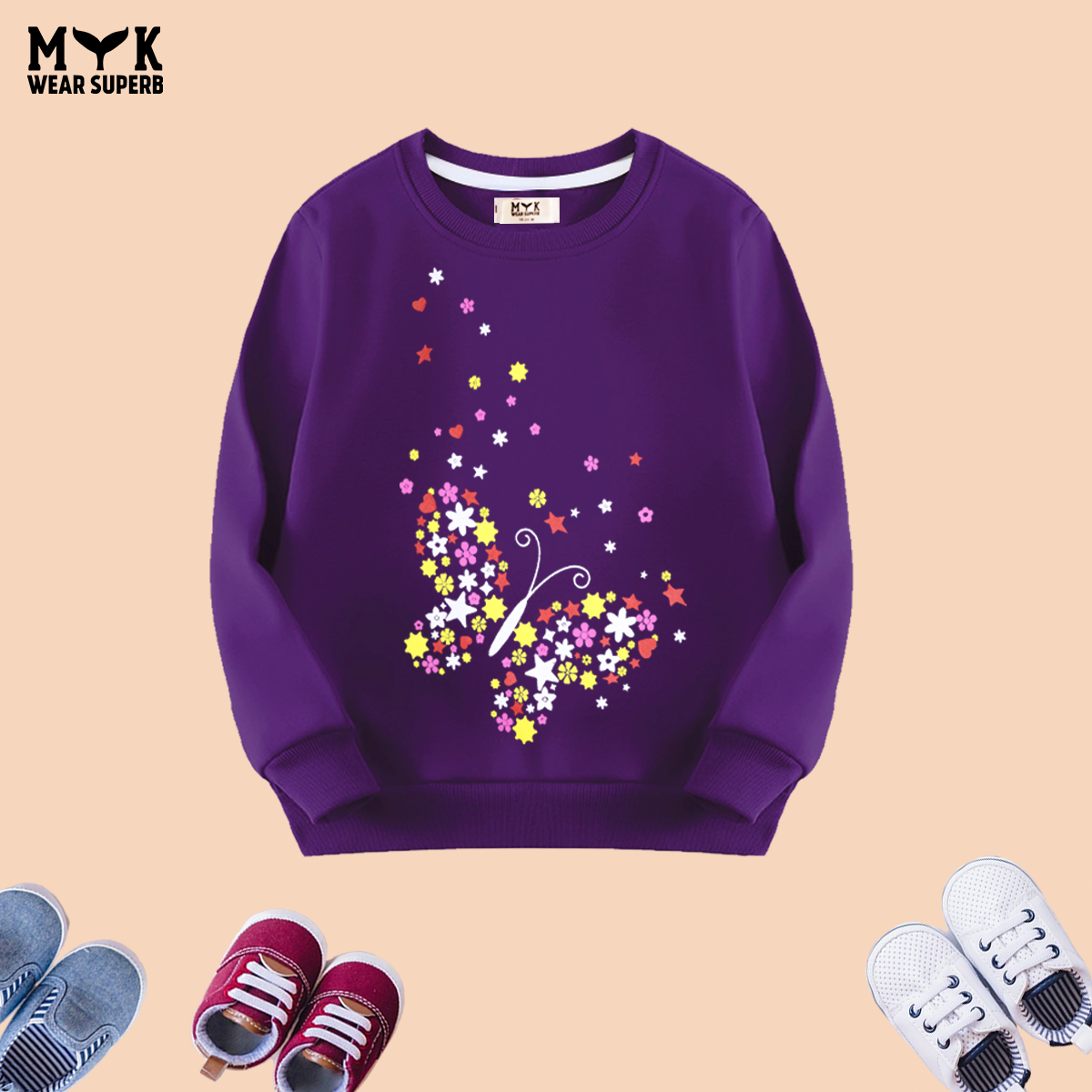 Baby Girl Purple Sweatshirt Butterfly Print & Black Pocket Trouser 2pcs Outfits Set