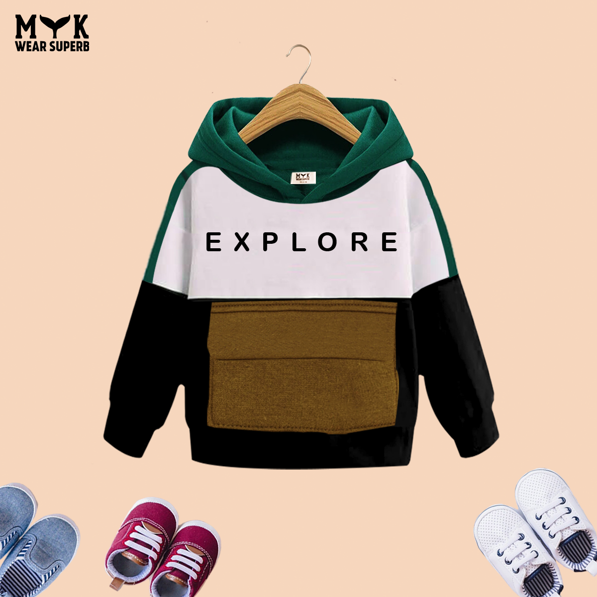 Explore Print Hoodie Dark Green ,White & Black With panel Trouser 2pcs Premium Quality Set