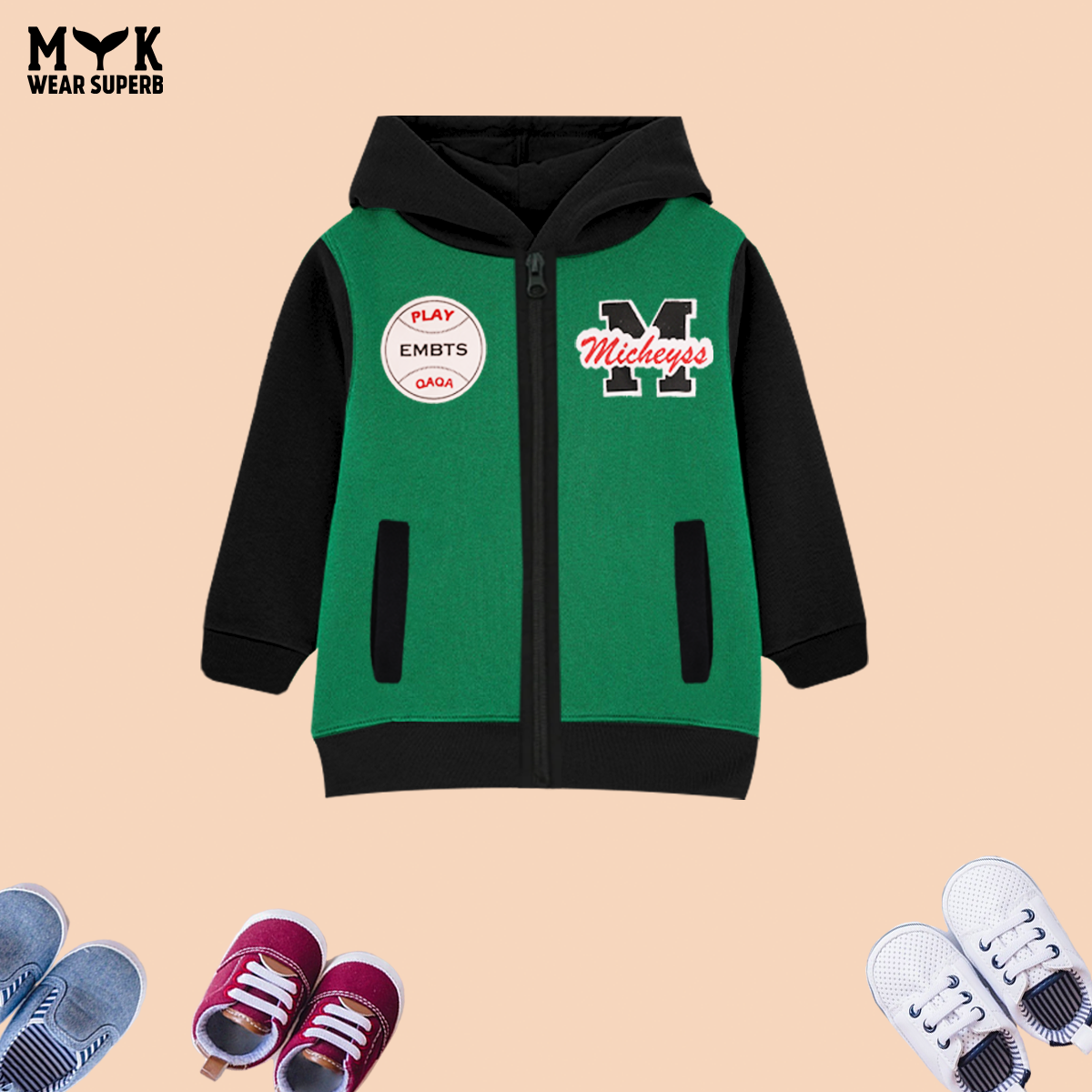 Zipper Green Black Pocket Hoodie With panel Trouser 2pcs Set