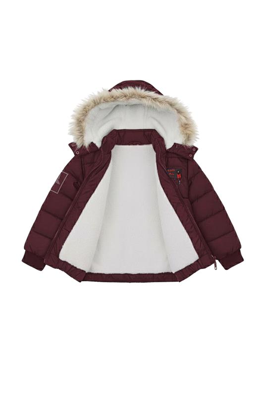 Maroon Puffer Jacket with Faux Fur Hood