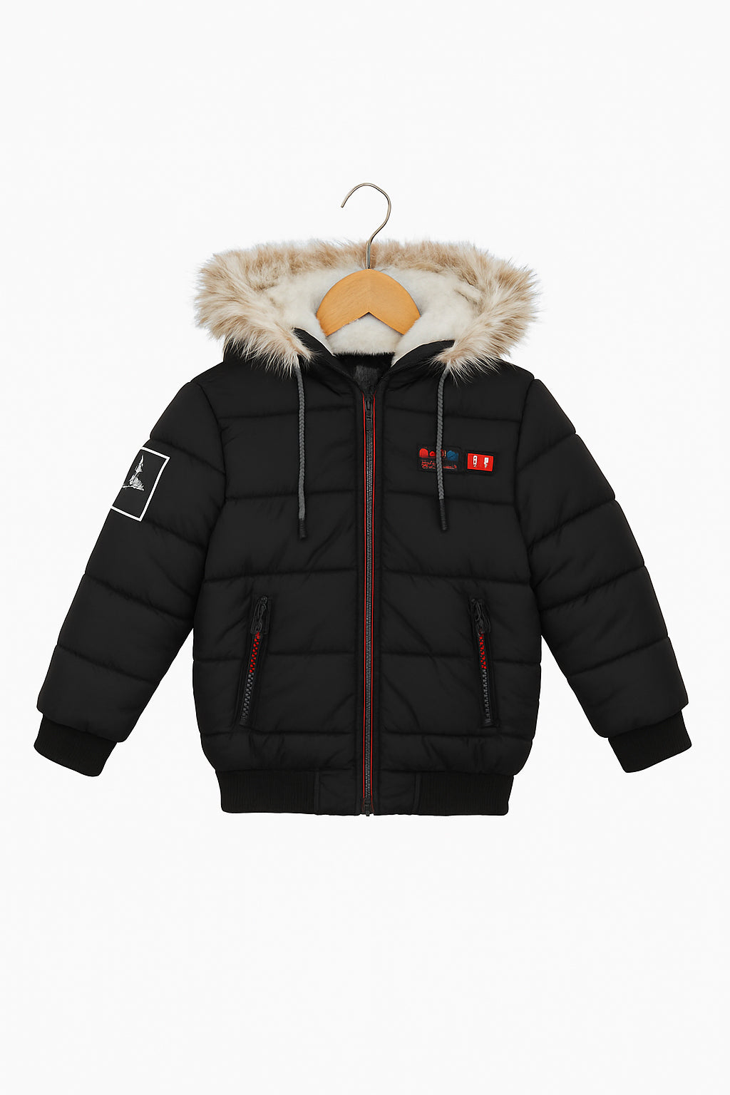 Black Puffer Jacket with Faux Fur Hood - Unisex