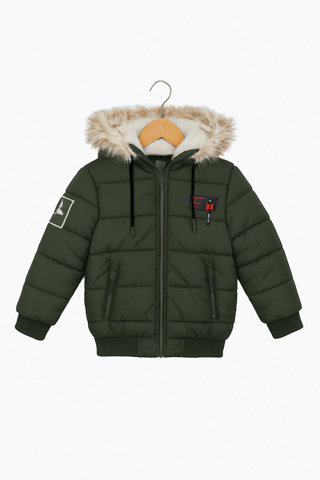 Green Puffer Jacket with Faux Fur Hood - Unisex