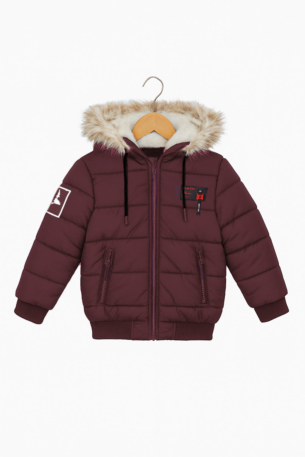 Maroon Puffer Jacket with Faux Fur Hood - Unisex