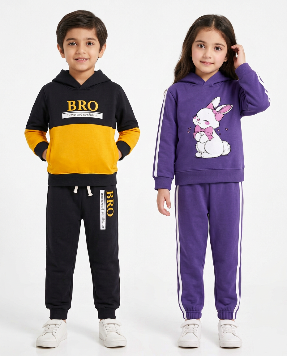 Kids Pack of 2 Hooded Tracksuit Sets – Black BRO & Purple Bunny