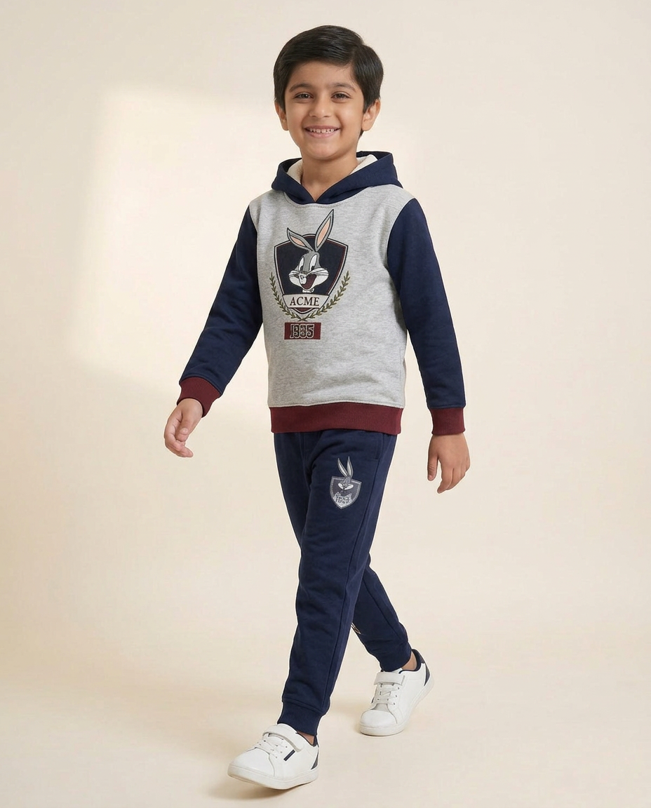 Bugs Bunny Color-Block Hoodie & Trouser Suit – Grey, Black & Maroon
