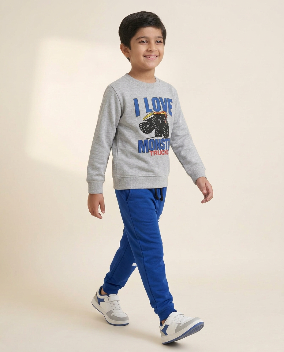 I Love Monster Truck Printed Grey Sweatshirt & Blue Trouser With Dori Outfit Premium Quality Set