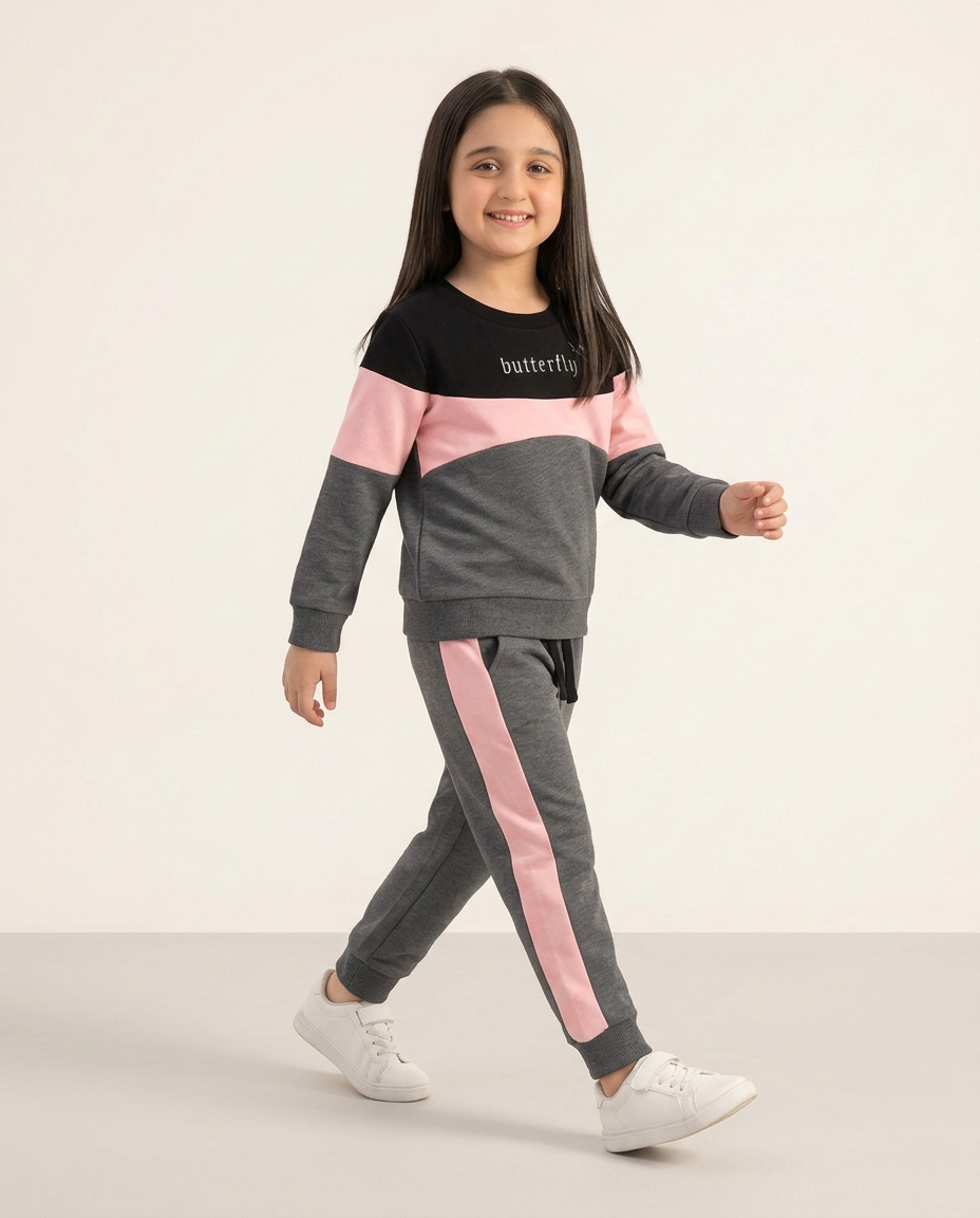 Toddler Girls Butterfly Letter Graphic Black , Pink & Grey Color Sweatshirt With Panel Trouser