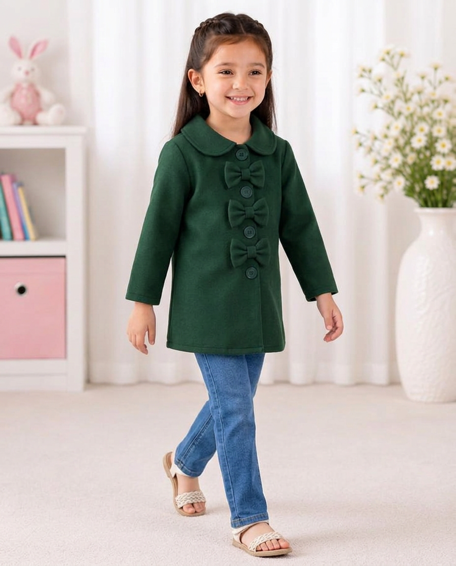 Girls’ Green Bow-Detail fleece Coat