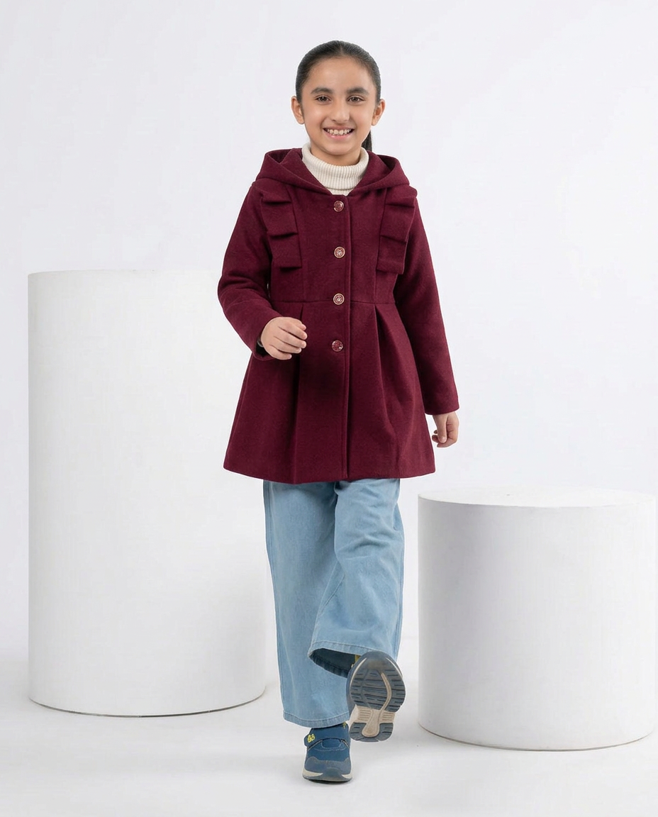 Girls’ Hooded Winter Coat with Button Closure – Maroon