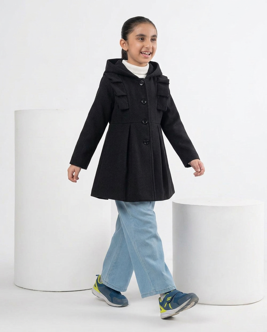 Girls’ Hooded Winter Coat with Button Closure –black