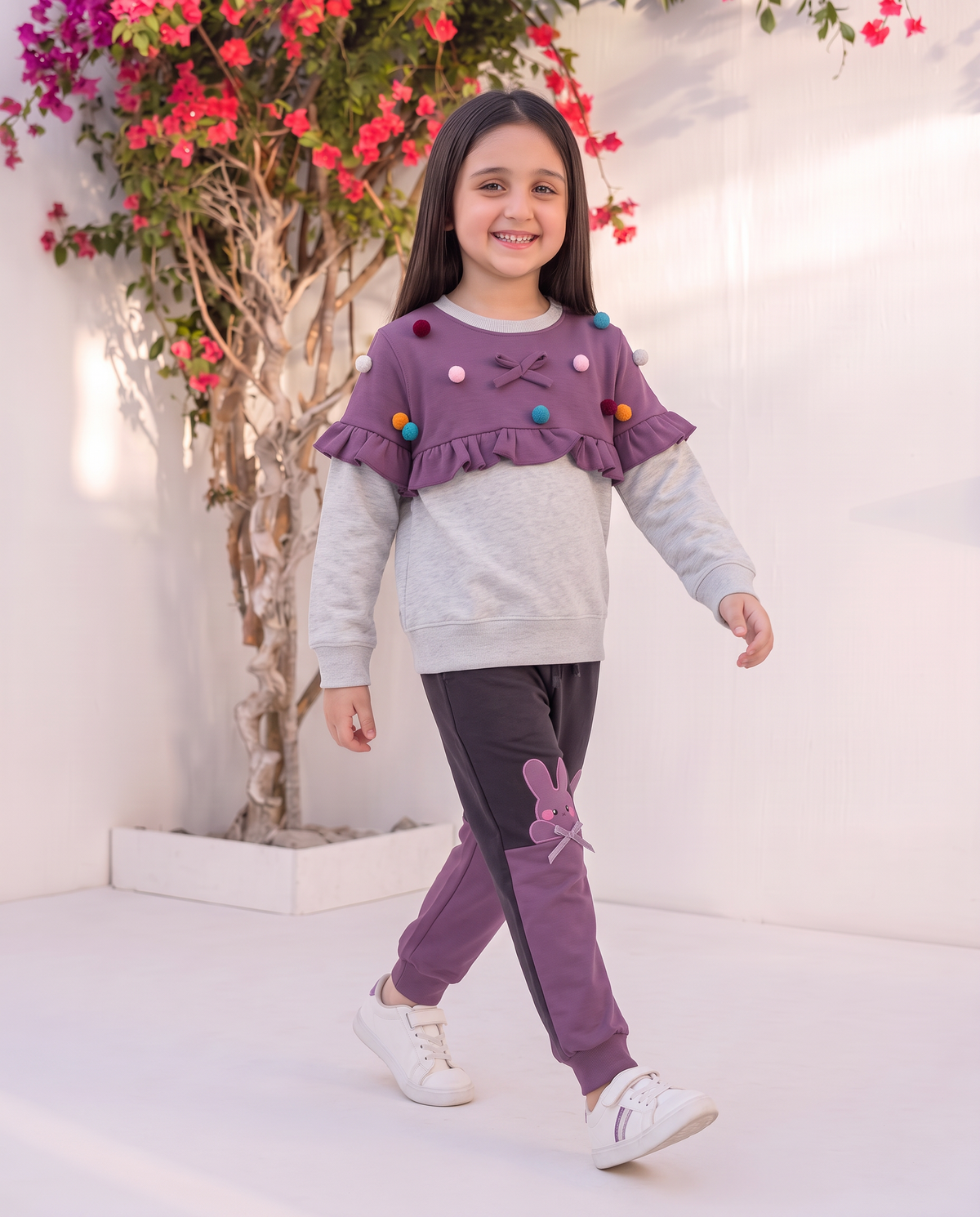 Toddler Girls' Adorable Pom Pom Ruffle Sweatshirt & Bunny Jogger 2-Piece Set