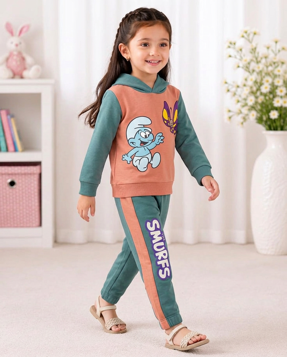 Baby Girls The Smurfs Print Peach Fleece Hoodie With Blue Panel Trouser 2 Piece premium Quality Set