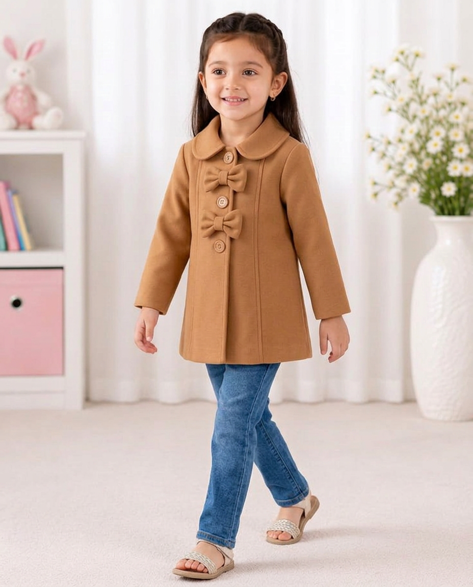 Girls’ camel Bow-Detail Fleece Coat