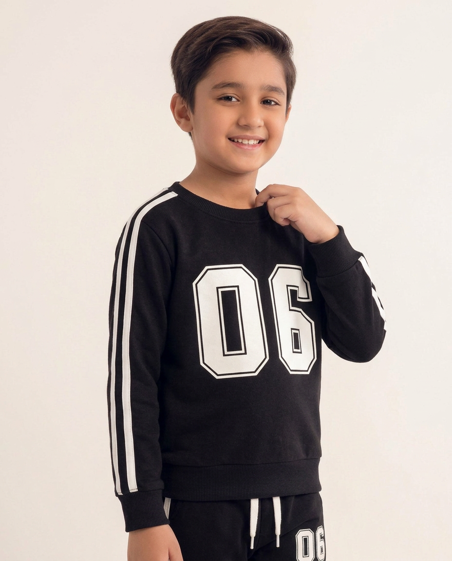 Boys Black Sports Sweatsuit – Number Print Striped Sleeve Sweatshirt