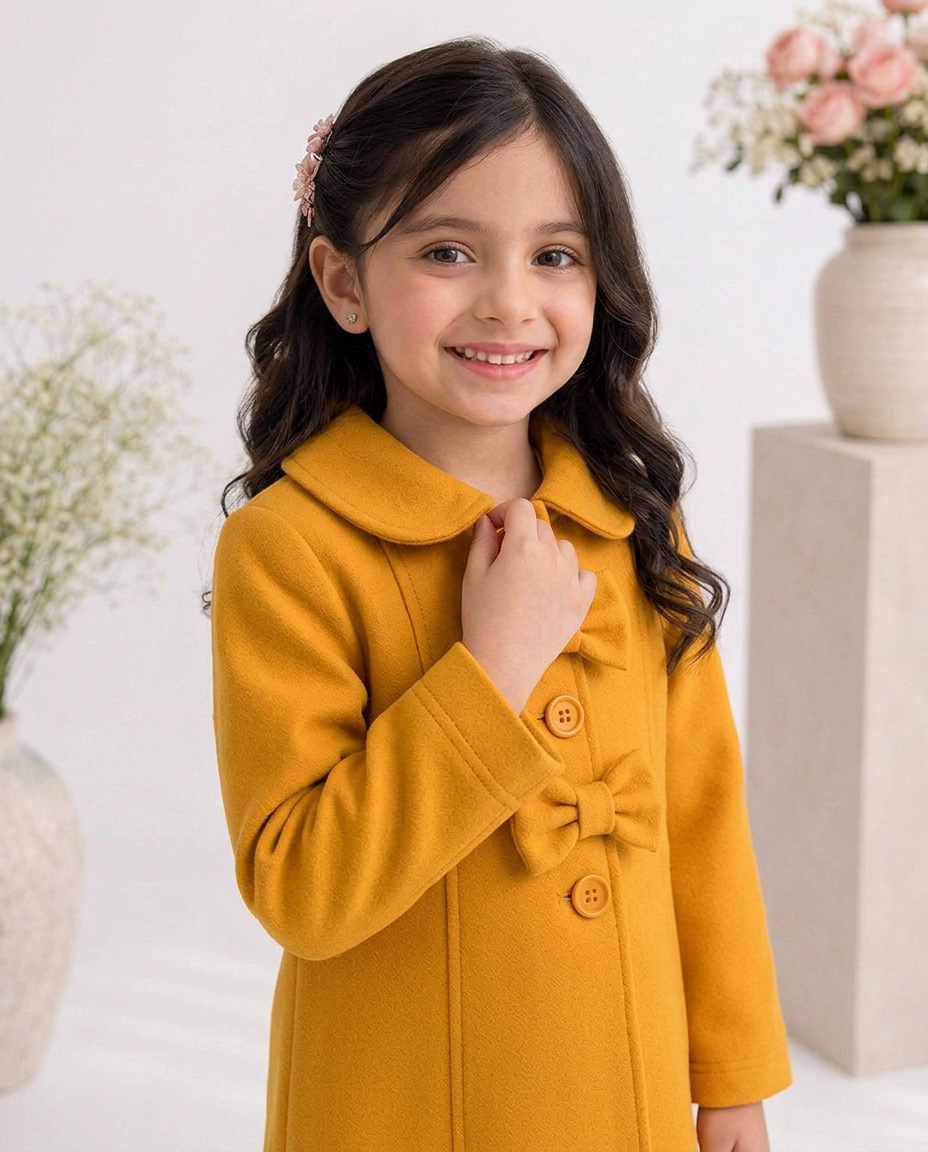 Baby Girls Mustard Fleece Winter Coat with Bow Buttons – Mustard Yellow