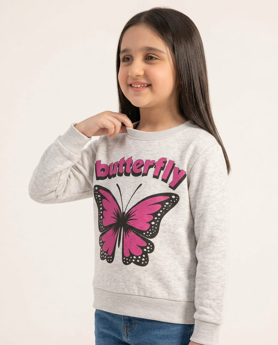 Baby Girls Pink & Grey Butterfly Print Premium Quality Only Sweatshirt
