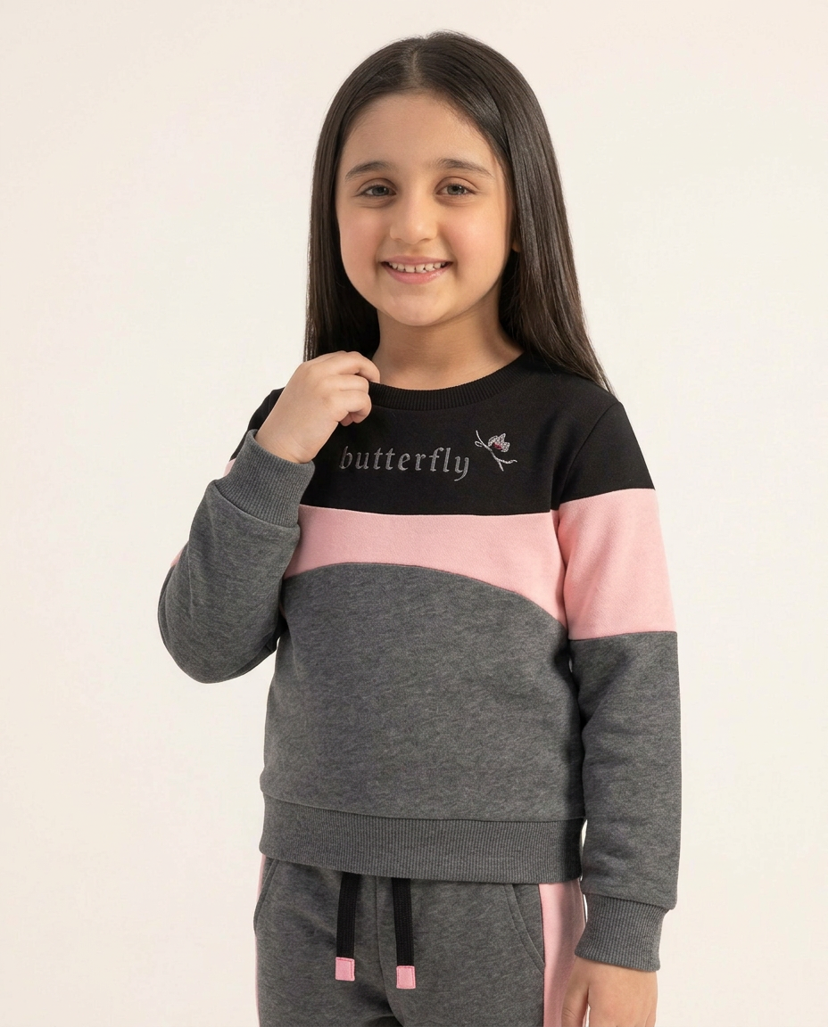 Toddler Girls Butterfly Letter Graphic Black , Pink & Grey Color Sweatshirt With Panel Trouser