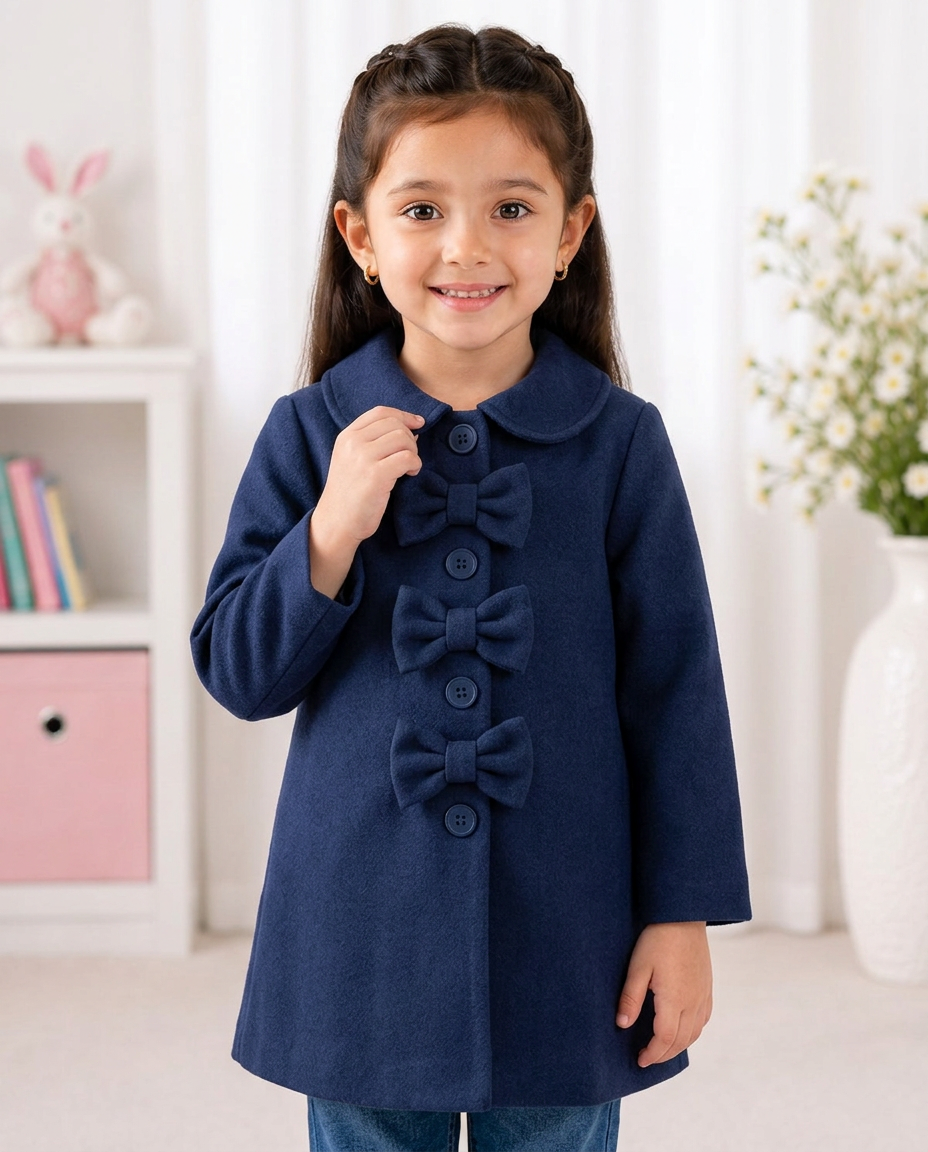 Girls’ Navy Bow-Detail Fleece Coat